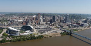 Aerial view of the downtown Cincinnati riverfront by The Enquirer/Gary Landers